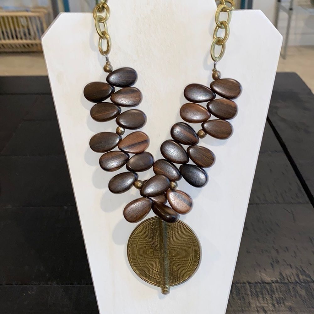 Statement Wood Metal Medallion Boho Bohemian Necklace‌‌‌‌‌‌‌‌